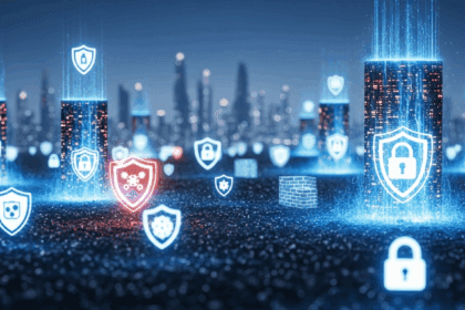 A digital landscape filled with shield icons, firewalls, and security locks representing various strategies to protect data against cyber attacks, with a futuristic city skyline in the background. no texts on scene. Photorealistic style, high resolution, 4k details, HDR, cinematic lighting, professional photography, studio lighting, vibrant colors.