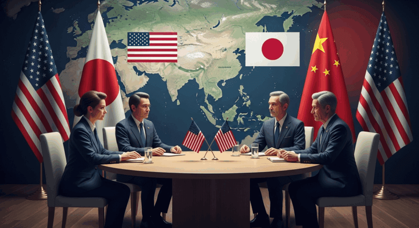 A dynamic depiction of a roundtable gathering featuring American and Japanese leaders engaged in a strategic discussion, with symbolic elements representing cooperation, such as the flags of both nations integrated into the background, while a map of Asia subtly highlights China's position. No texts on scene. Keywords: photorealistic style, high resolution, 4k details, HDR, cinematic lighting, professional photography, studio lighting, vibrant colors.