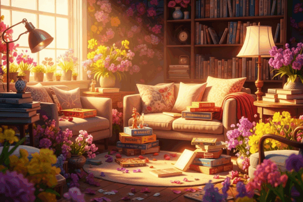 A vibrant scene featuring a cozy reading nook adorned with colorful books and board games, a warm light illuminating the area, surrounded by blooming spring flowers to evoke the essence of April. no texts on scene. photorealistic style, high resolution, 4k details, HDR, cinematic lighting, professional photography, studio lighting, vibrant colors.