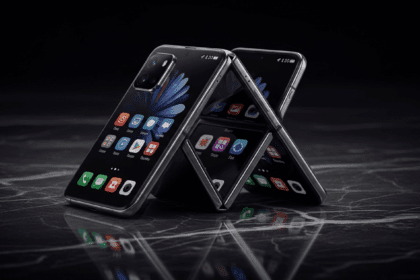 A dynamic scene showcasing an innovative foldable smartphone by Huawei, featuring a sleek three-part design, elegantly displayed on a polished surface under dramatic studio lighting. **no texts on scene** Keywords: photorealistic style, high resolution, 4k details, HDR, cinematic lighting, professional photography, studio lighting, vibrant colors.