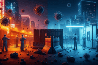 A dramatic scene depicting the challenges of modern life at borders infested with various viruses, showcasing barriers, medical personnel in PPE, and a surreal juxtaposition of vibrant urban life on one side and sterile isolation zones on the other, all illuminated with cinematic lighting. no texts on scene. Keywords: photorealistic style, high resolution, 4k details, HDR, cinematic lighting, professional photography, studio lighting, vibrant colors.
