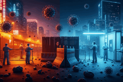 A dramatic scene depicting the challenges of modern life at borders infested with various viruses, showcasing barriers, medical personnel in PPE, and a surreal juxtaposition of vibrant urban life on one side and sterile isolation zones on the other, all illuminated with cinematic lighting. no texts on scene. Keywords: photorealistic style, high resolution, 4k details, HDR, cinematic lighting, professional photography, studio lighting, vibrant colors.
