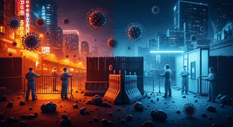 A dramatic scene depicting the challenges of modern life at borders infested with various viruses, showcasing barriers, medical personnel in PPE, and a surreal juxtaposition of vibrant urban life on one side and sterile isolation zones on the other, all illuminated with cinematic lighting. no texts on scene. Keywords: photorealistic style, high resolution, 4k details, HDR, cinematic lighting, professional photography, studio lighting, vibrant colors.