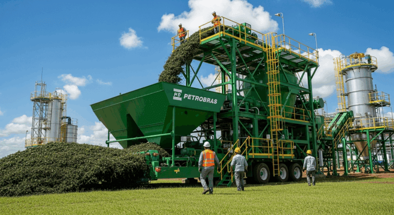 A dynamic industrial scene showcasing the launch of fertilizer production by Petrobras in Northeast Brazil, featuring advanced machinery, lush green landscapes, and workers in modern gear actively engaged in the process, complemented by a vibrant sky. no texts on scene. Keywords: photorealistic style, high resolution, 4k details, HDR, cinematic lighting, professional photography, studio lighting, vibrant colors.