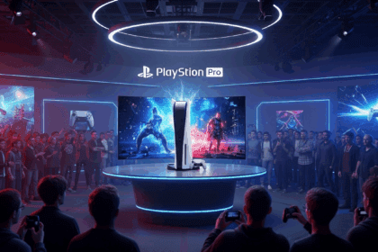 A dramatic unveiling of the PlayStation 5 Pro at a sleek, high-tech gaming event, showcasing the console surrounded by vibrant gaming visuals and excited fans. no texts on scene. photorealistic style, high resolution, 4k details, HDR, cinematic lighting, professional photography, studio lighting, vibrant colors.