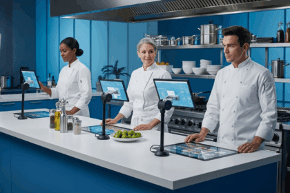 A modern kitchen setting showcasing innovative food safety technologies, with chefs using digital devices to monitor risk factors in a bright, clean environment. no texts on scene. Photorealistic style, high resolution, 4k details, HDR, cinematic lighting, professional photography, studio lighting, vibrant colors.